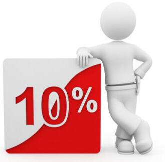 3D character with 10% discount sign.